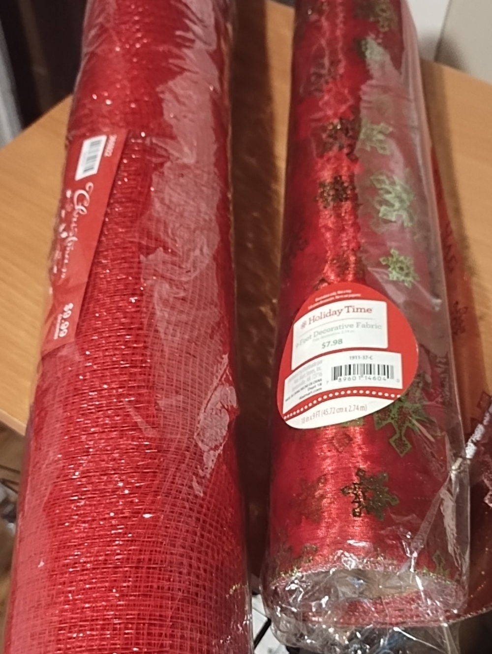 NWT Bundle Of 2 Holiday Time Red Glitter & Patterned Decorative Fabric Rolls.